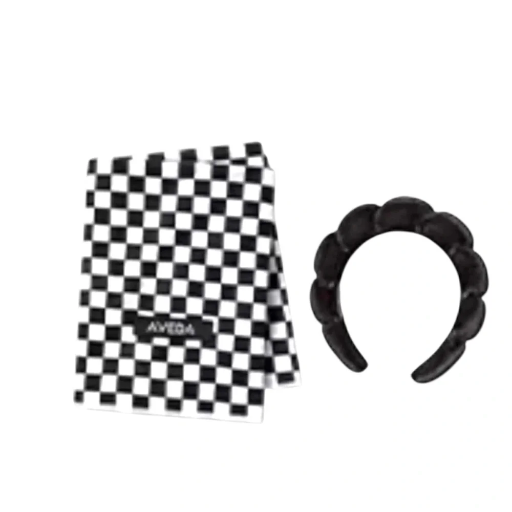 Aveda New Velvet Bubble Spa Headband XL Black White Check Microfiber Hair Towel